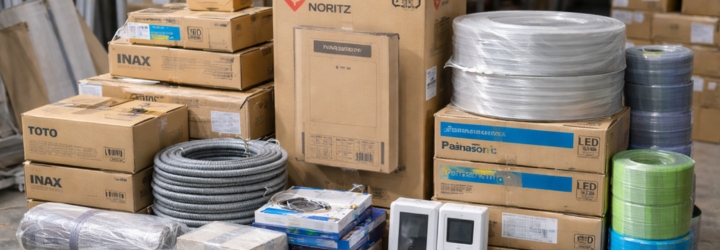 倉庫内に保管された未使用の住宅設備や空調資材、給湯器・配管部材の在庫整理イメージ