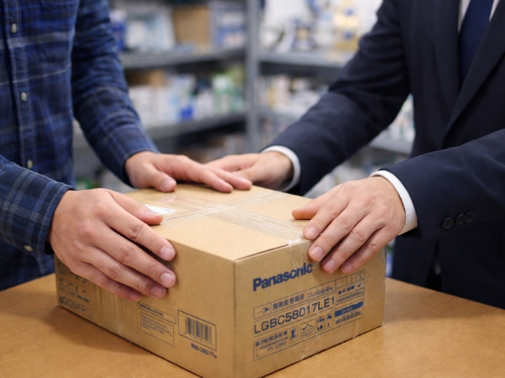 店頭で未使用の住宅設備をスタッフが確認しながら査定している様子