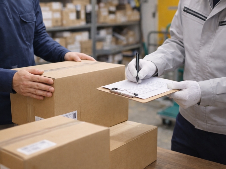 倉庫内でスタッフが段ボール梱包された設備資材を出張査定している様子(川崎市多摩区)